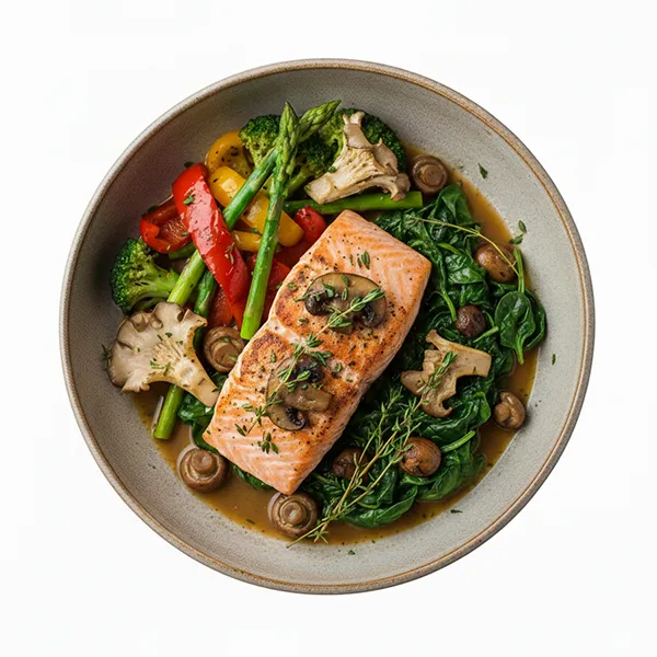 Seared Fish & Wild Mushrooms with Roasted Keto Veg & Thyme Jus